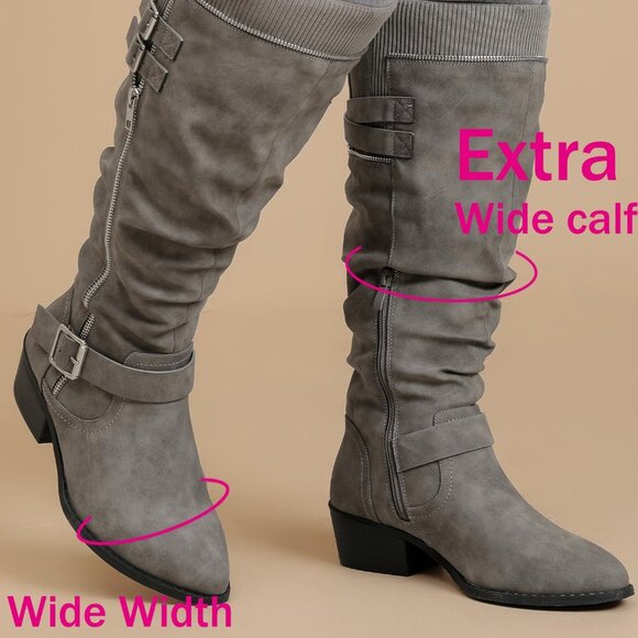 ⚡Women's Grey Extra Wide Calf Knee High Boots Knee High Boots Low Stacked Heel - Picture 3 of 6